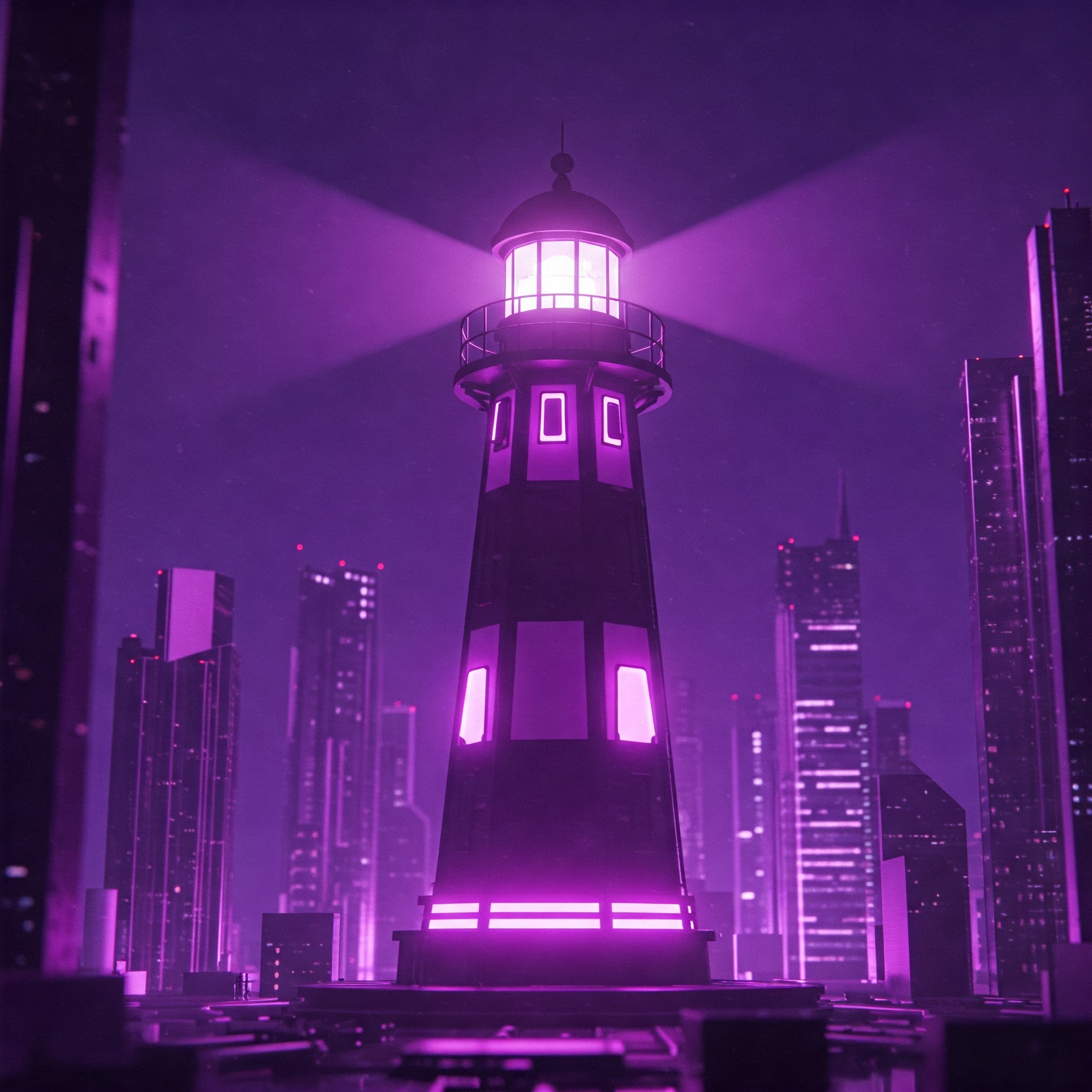 A vibrant purple lighthouse glowing in a futuristic setting, symbolizing guidance, leadership, and a clear vision for business success