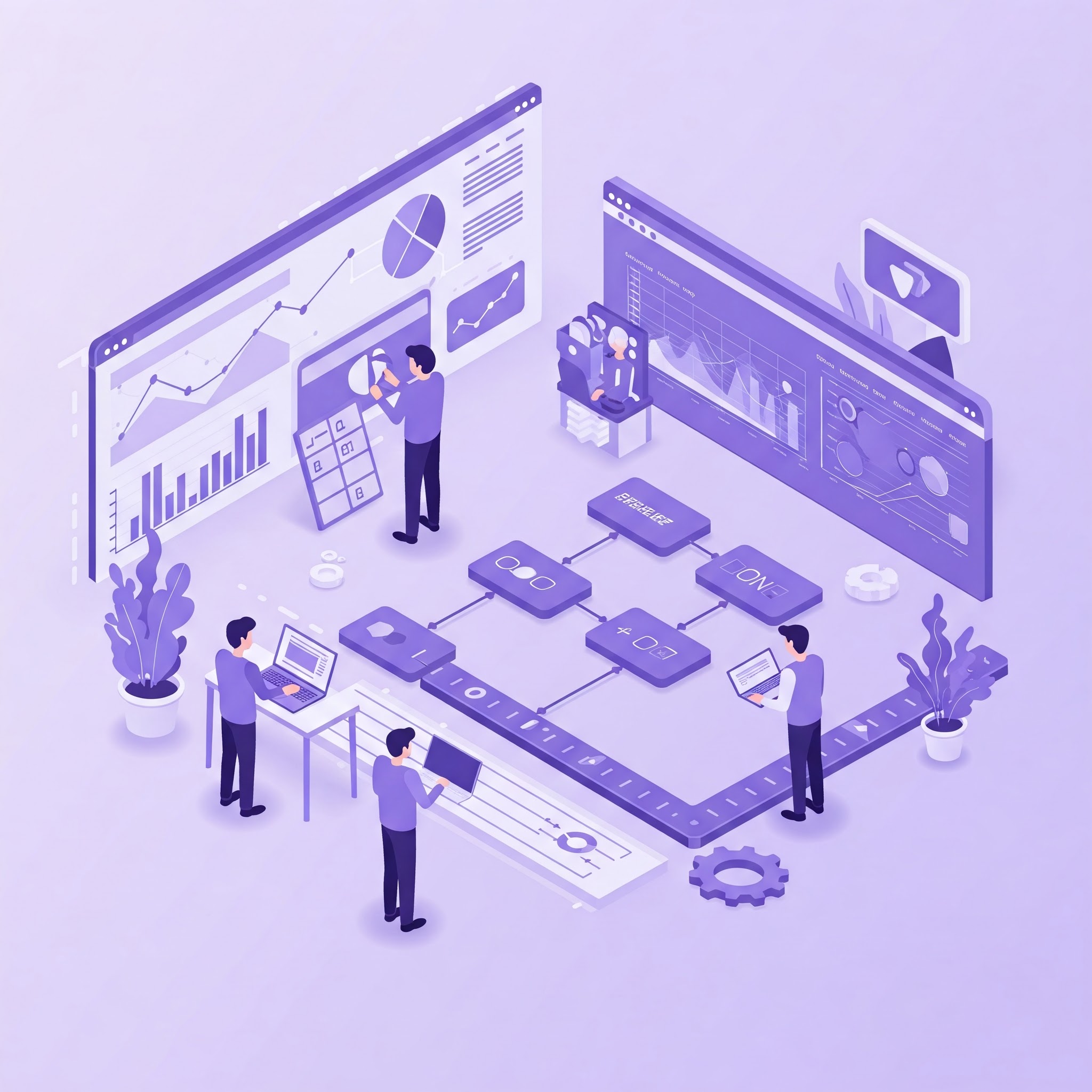dynamic, semi-isometric illustration of project managers working with flowcharts and timelines, highlighting seamless program management
